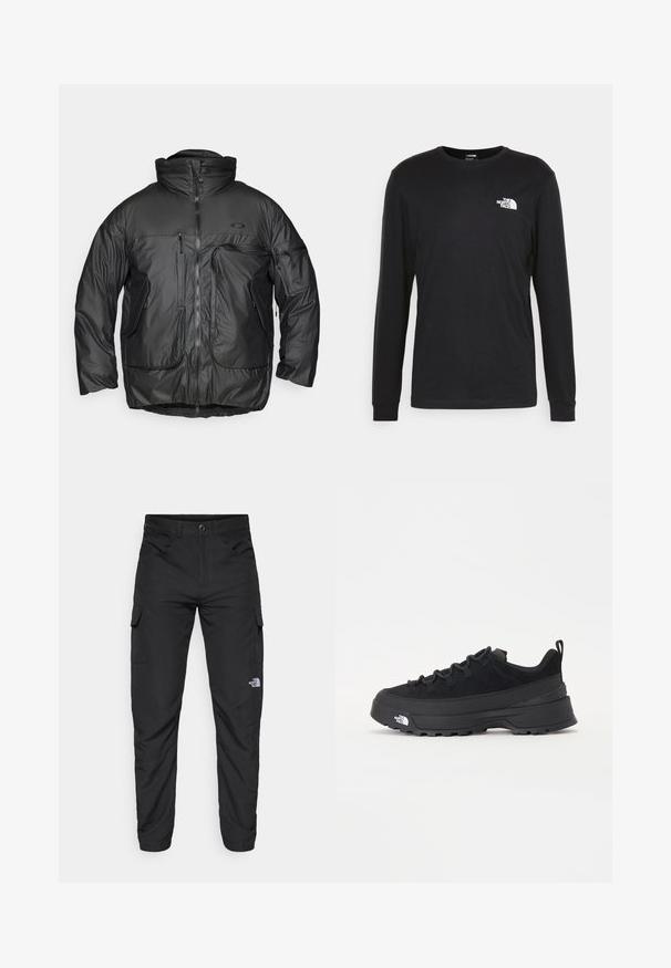 Chaqueta aislante negra con un alto cuello, cierre frontal de cremallera y múltiples bolsillos con cremallera. Hecha de un tejido suave y brillante con un corte holgado.; Camiseta de manga larga negra hecha de algodón, con un logo blanco en el lado izquierdo del pecho y puños de canalé. Textura suave con un cuello redondo.; The North Face HORIZON PANT - Pantalones montañeros largos - black; Zapatilla negra de exterior con parte superior de ante, suela de goma texturizada y un sólido sistema de cordones. Cuenta con un talón reforzado y el logotipo de la marca en el lateral.