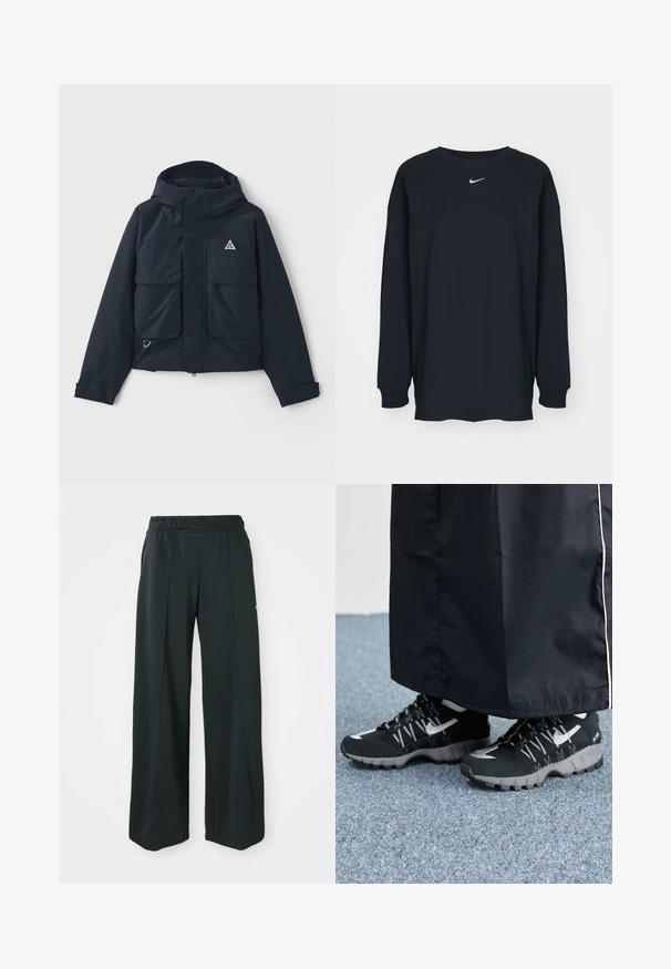 Mørkeblå jakke med hette, to store frontlommer og et trekantet logo. Glatt tekstur med glidelås og justerbare mansjetter.; Svart langermet T-skjorte laget av bomull med rund hals. Har en hvit Nike-logo på brystet. Myk tekstur, enkelt design.; Sorte, vide treningsbukser med elastisk midje. Laget av glatt, elastisk stoff, med subtile front sømmar og utan lommer.; Svarte treningssko med teksturert overdel, sølv detaljer og mønstrete såle, sammen med et svart langt plagg. Plassert på et blått teppe.
