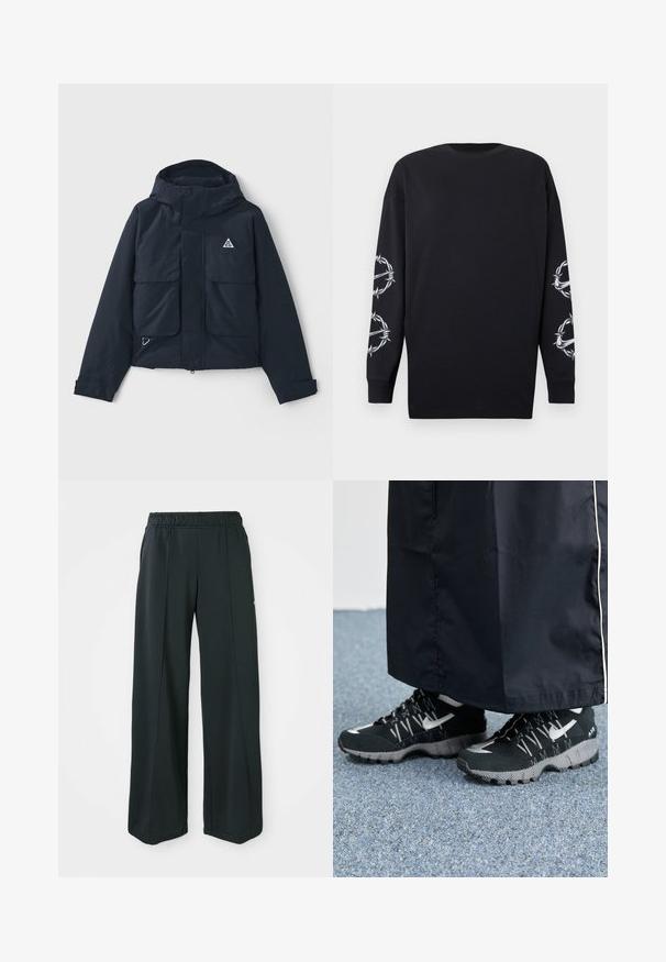 Casaco azul-marinho com capuz, duas grandes opções frontais e um logo triangular. Textura suave com fecho em zíper e punhos ajustáveis.; Camisa preta de manga longa com decote redondo, featuring gráficos de arame farpado e espinhos brancos em ambas as mangas.; Calças atléticas largas e pretas com um cós elástico. Feitas de um tecido liso e elástico, com costuras frontais discretas e sem bolsos.; Tênis atléticos pretos com um cabedal texturizado, detalhes prateados e um solado estampado, combinados com uma peça longa preta. Ambientado sobre um tapete azul.