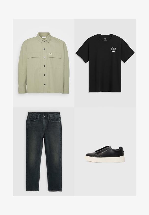 Világos zöld ing puha anyagból. Két nagy mellzseb jellemzi, valamint CK logós folt. Fekete patentgombok egészítik ki a dizájnját.; Fekete pamut póló, melynek mellkasi nyomata "HOUSE PLANTS" felirattal fehér stilizált betűkkel, alatta a "Levi's" felirattal. Klasszikus kerek nyakú.; Sötétkék farmernadrág, egyenes fazonnal, ött zsebbel, cipzáras sliccel és kontrasztos varrással. A szövet enyhe kopása.; Fekete slip-on sneaker, textúrált bőrfelsővel, fehér gumitalppal és láthatatlan fűzőkkel. Az oldalon a márka logója található.