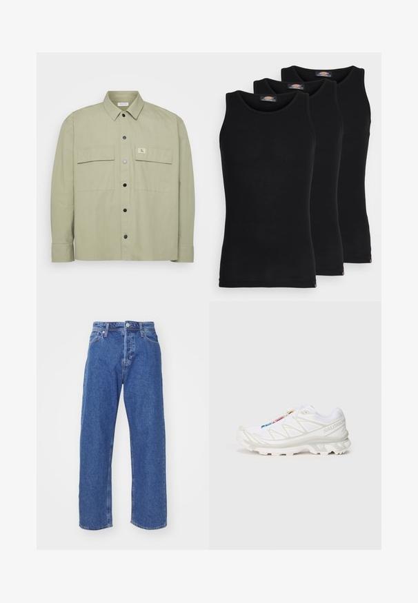 Lys grønn skjorte med knapper laget av mykt stoff. Den har to store brystlommer og et CK-logo-patch. Sorte trykknapper fullfører designet.; Sorte tanktopper i en pakke med tre. Ribbet tekstur, standard rund hals, uten ermer. Sømmen har en liten merkevarelogo nederst.; Blå denimjeans med rett bendesign, med knapp og glidelås, fem-lommers stil, og minimale sømdetaljer.; Hvite joggesko med teksturert mesh-overdel, reflekterende detaljer og dempet såle. Merkbar merkevarelogo på siden.
