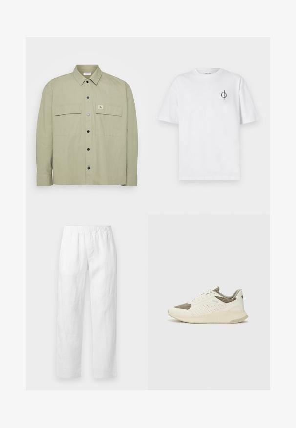 Šviesiai žalia mygtukinė marškiniai, pagaminti iš minkštos medžiagos. Savybė - dvi didelės krūtinės kišenės ir CK logotipo aplikacija. Juodi snapelio mygtukai užbaigia dizainą.; Balta medvilninė marškinė su laisvu siluetu, su mažą juodą grafiką logotipą kairėje krūtinės pusėje. Trumpomis rankovėmis, apvaliu kaklu.; Baltos lino kelnės su elastiniu liemeniu, tiesių kojų piešiniu ir minkšta tekstūra be matomų raštų ar aparatūros detalių.; Baltas ir šviesiai bežinis sportinis kedas, su tinklo viršumi, perforuotais detalėmis ir tekstūruotu tarpine su logotipu ant kulno.