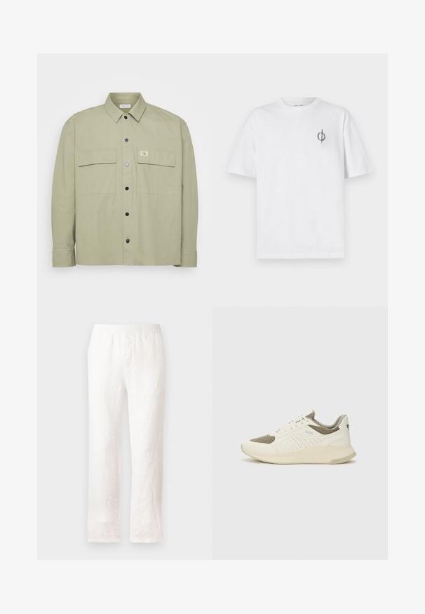 Lys grønn skjorte med knapper laget av mykt stoff. Den har to store brystlommer og et CK-logo-patch. Sorte trykknapper fullfører designet.; Hvit bomull t-skjorte med avslappet passform, med en liten svart grafisk logo på venstre brystområde. Korte ermer, rund hals.; Hvite linbukser med elastisk midje, rett ben-design og en lett strukturert tekstur. Uten mønstre eller ekstra detaljer.; Hvit og lysebeige treningssko, med en mesh-overdel, perforerte detaljer og en teksturert mellomsåle med merkevare på hælen.