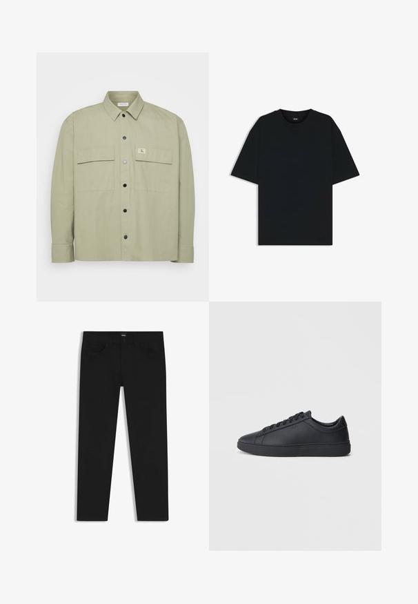 Light green button-up shirt made from soft fabric. Features two large chest pockets and a CK logo patch. Black snap buttons complete the design.; Black cotton t-shirt with a round neckline and short sleeves. Features a loose fit and a simple design without patterns or accents.; Black denim trousers with a straight cut, featuring a standard waistband, five pockets, and a button closure. Smooth texture throughout.; Black sneakers made of smooth leather with a low-top design, round toe, and flat rubber sole. Features laces and subtle branding.