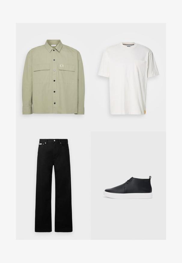 Gaiši zaļš pogām piegrieztais krekls, izgatavots no mīksta auduma. Aprīkots ar divām lielām krūšu kabatām un CK logo uzšuvumu. Melnie spiedpogu pogas noslēdz dizainu.; Balts kokvilnas T-krekls ar apaļu kakla izgriezumu, īsām piedurknēm un kreisajā krūtī esošu kabatiņu. Tam ir neliels logo uz etiķetes sānu šuvē.; Melni džinsi ar platajiem bikšu dizainu, ar piecām kabatām un metāla pogām. Gluda tekstūra, bez redzamām rakstu detaļām.; Melnas ādas augstas tenisa kurpes ar gludu apdari, baltu gumijas zoli un vienkāršu šņorēšanas dizainu. Aizmugurē ir vilkšanas cilpa.