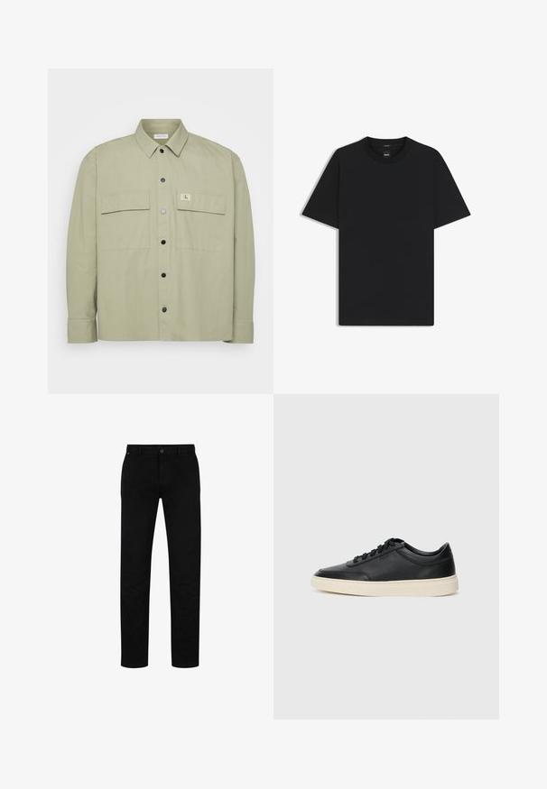 Lichtgroene overhemd dat gemaakt is van zacht materiaal. Bevat twee grote borstzakken en een CK-logo patch. Zwarte drukknoopjes voltooien het ontwerp.; Zwarte korte mouwen T-shirt van een gladde katoenmix, met een ronde halslijn en een minimalistisch ontwerp zonder patronen of accenten.; Zwarte katoenen broek met een rechte pasvorm, voorzien van een knoopsluiting, riemlussen en een minimalistisch ontwerp. Glad van structuur, zonder patronen.; Zwarte leren sneaker met lage schacht, zwarte veters en off-white zool, weergegeven in zijprofiel op een witte achtergrond.