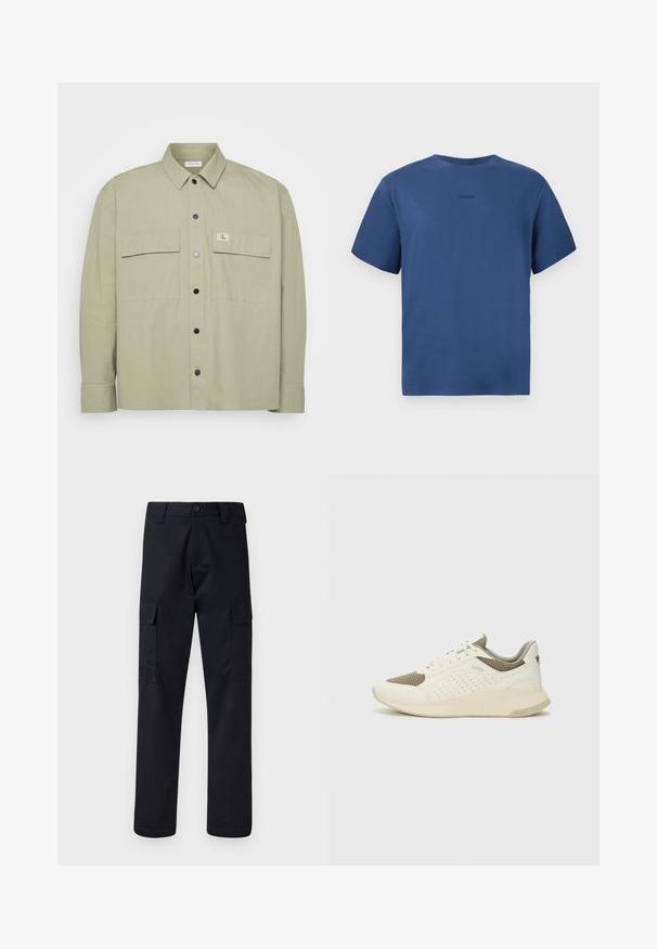 Světle zelená košile na knoflíky vyrobená z měkké látky. Má dvě velké náprsní kapsy a nášivku s logem CK. Černé patentky dotvářejí design.; Modrý krátký rukáv tričko s kulatým výstřihem, na kterém je uprostřed na hrudi umístěno malé černé logo Calvin Klein, zobrazené na bílém pozadí.; Černé cargo kalhoty vyrobené z odolné tkaniny, s rovnými nohavicemi, dvěma bočními kapsami a zapínáním na knoflík v pase.; Bílé a světle béžové atletické tenisky, které mají síťovaný svršek, perforované detaily a texturovanou mezipodešev s logem na patě.