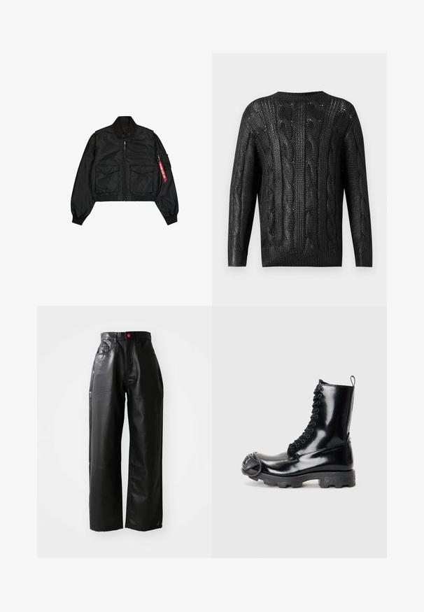 Fekete, szaténszerű anyagból készült rövidített bomber dzseki, lekerekített nyakkal, két első zsebbel és egy oldalsó cipzáras zsebbel, amelyen piros fül található.; Fekete kötött pulóver, dróttal mintázva, hosszú ujjú és kerek nyakkivágással, hátulról ábrázolva egy egyszínű háttéren.; Fekete, hosszú ujjú pulóver, puha anyagból készült, kerek nyakkivágással, laza szabással és bordás mandzsettákkal. Minimalista dizájn, minták nélkül.; Fekete műbőr, bő szárú nadrág magas derékkal, látható zsebekkel és piros gomb kiemeléssel, sima, fényes textúrával.; Fekete lakkbőr harci csizma fényes felülettel, fűzős dizájnnal, vastag gumitalppal és jellegzetes elülső fémrészekkel.