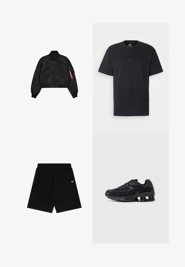 Melnā samazinātā bumbvedēju jaka no satinēta materiāla ar apaļu apkakli, divām priekšējām kabatām un sānu rāvējslēdzēja kabatu ar sarkanu cilpu.; Nike melns kokvilnas T-krekls ar klasisku piegriezumu, īsām piedurknēm un smalku, reljefu logotipu uz krūškurvja. Gluda tekstūra.; Melnas šortas, kas izgatavoti no mīksta auduma ar elastīgu jostu. Priekšpusē atrodas neliels balts logo. Vienkāršs dizains un taisna griezuma forma.; Melns sporta apavu pāris ar sietveida augšdaļu, polsterētu apkakli un izteiktu amortizācijas tehnoloģiju papēžā. Ir redzamas teksturētas detaļas un šņorītes.