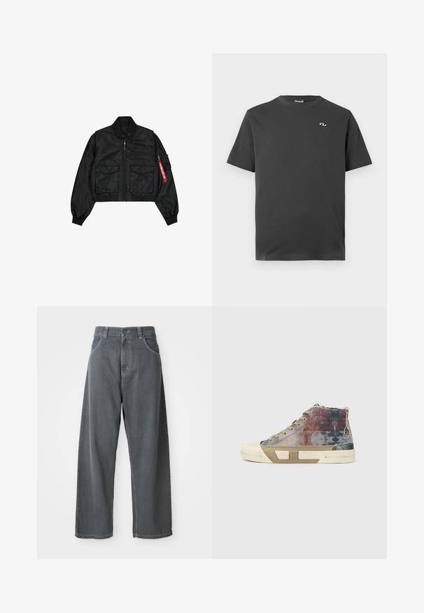 Black cropped bomber jacket made of satin-like material features a round collar, two front pockets, and a side zipper pocket with a red tab.; Dark gray short-sleeve t-shirt made of cotton. Features a round neckline and a small, white logo on the left chest area.; Gray denim wide-leg pants with a high waist, featuring front pockets, belt loops, and a button closure at the waistband.; High-top sneakers featuring a multicolored canvas upper with faded patterns, beige sole, and minimalistic design. Exposed stitching and accents.