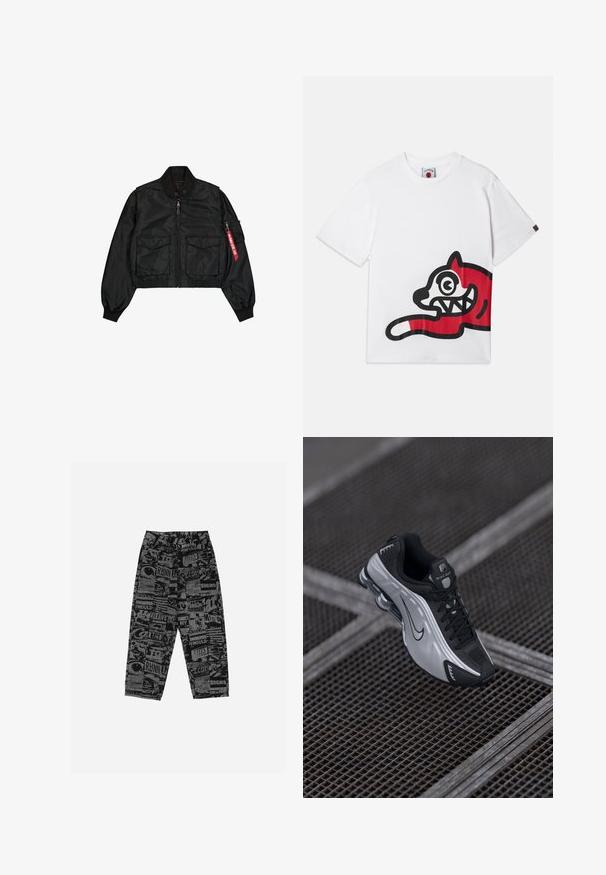 Fekete, szaténszerű anyagból készült rövidített bomber dzseki, lekerekített nyakkal, két első zsebbel és egy oldalsó cipzáras zsebbel, amelyen piros fül található.; Fehér pamut póló, amelyen egy nagy vörös és fekete grafikájú, karikatúraszerű macska látható, kidomborodó szemekkel és fogakkal, az oldalán elhelyezve.; Fekete nadrág grafikus mintával, amely különböző szövegeket és képeket tartalmaz. Könnyű anyagból készült, laza szabású és egyenes lábakkal rendelkezik.; Nike sportcipő fekete és ezüst dizájnnal. Szintetikus anyagból készült, hálós kiemelésekkel és támogató talppal, látható légpárnázással.