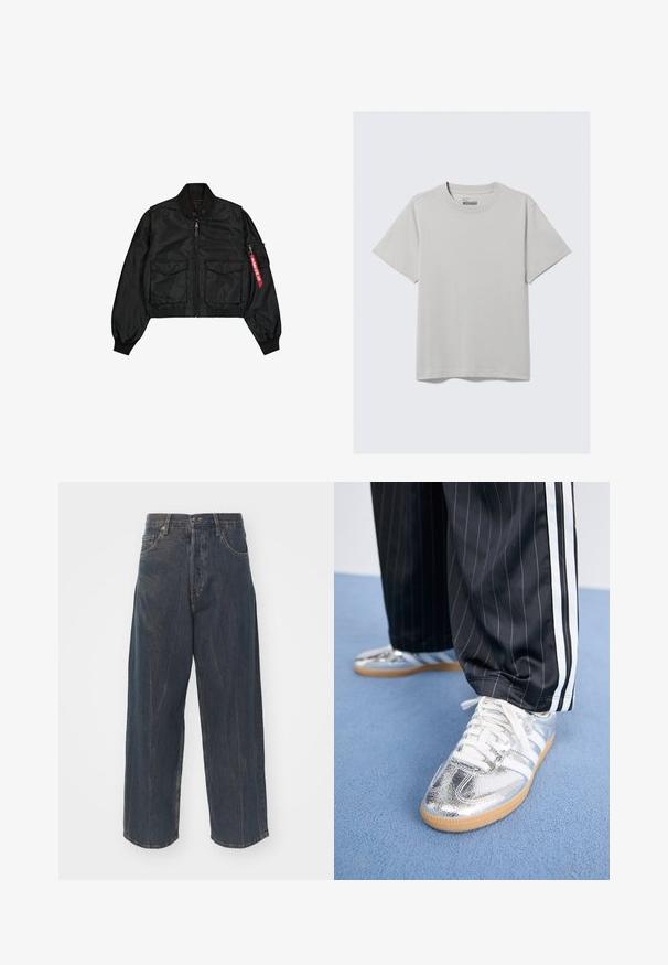 Casaco bomber preto cropped feito de material similar a cetim, com gola redonda, dois bolsos frontais e um bolso lateral com fecho de correr e aba vermelha.; Camiseta de algodão cinza claro com gola redonda e mangas curtas, apresentando um design minimalista e um ajuste solto. Sem padrões ou detalhes.; Calças de ganga largas de cor azul escuro com uma textura de desgaste subtil, cinco bolsos e um fecho clássico de botão e zíper na cintura.; Ténis prateados metálicos com atacadores brancos e três riscas brancas, combinados com calças pretas risca de giz. Sola de borracha destacada na parte inferior.