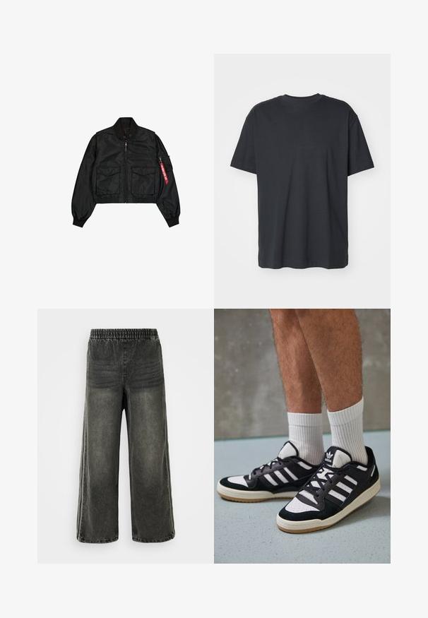 Black cropped bomber jacket made of satin-like material features a round collar, two front pockets, and a side zipper pocket with a red tab.; Black cotton t-shirt with short sleeves, round neckline, relaxed fit, and smooth texture. No visible patterns or additional details.; Black washed denim pants with elastic waistband and wide legs, featuring subtle vertical seam details on sides.; Black and white sneakers with a suede and leather upper, featuring three white stripes, a perforated toe, and a gum rubber sole.