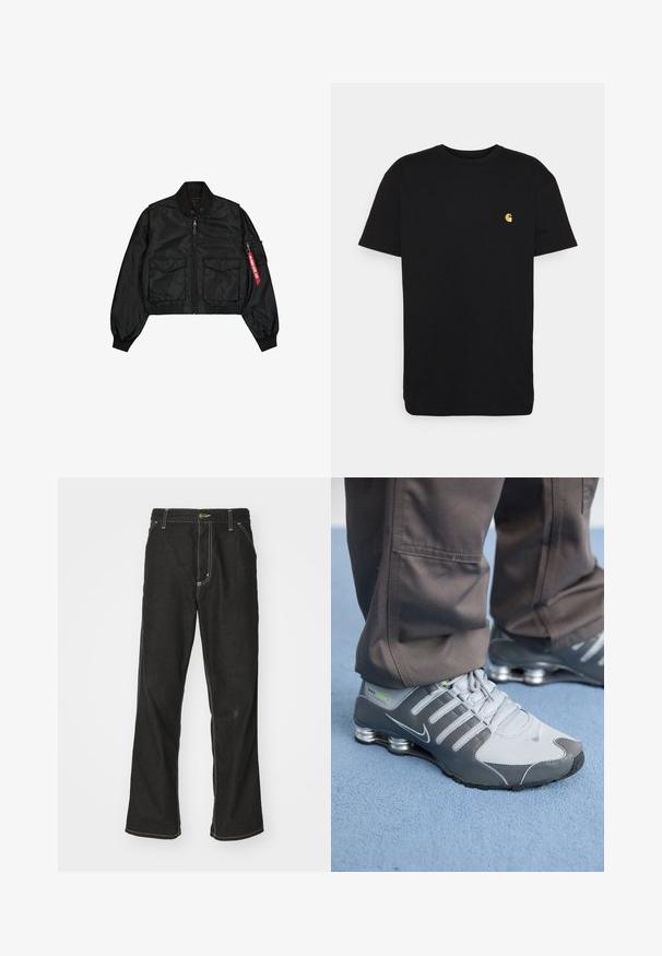 Svart kort bomberjakke i satenglignende materiale med rund krage, to frontlommer og en sidelomme med glidelås med rød klaff.; Svart bomull T-skjorte med korte ermer, rund hals og en liten gul logo på venstre brystområde. Enkelt design og normal passform.; Svarte denimbukser med løs passform, med kontrastfylt hvit søm, knappelukking og rett ben-design.; Grå og sølv Nike Shox-sneakers har et slankt design, med mesh- og syntetiske materialer, en rund tå og en polstret krage.