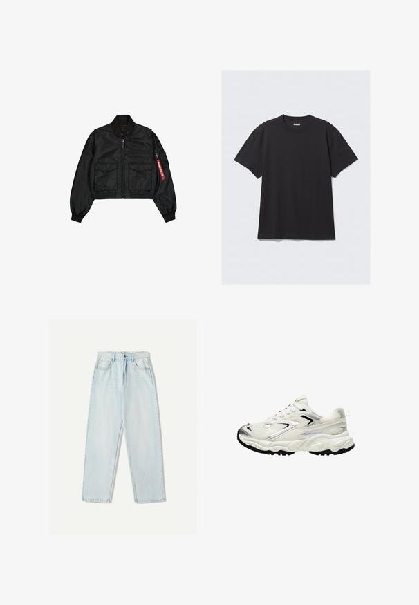 Bomber nero corto in materiale satinato con colletto rotondo, due tasche frontali e una tasca con zip laterale con una linguetta rossa.; T-shirt nero a maniche corte in cotone. Presenta un collo a giro e una vestibilità comoda. Design semplice senza motivi o dettagli visibili.; Jeans in denim azzurro chiaro con una vestibilità comoda, design a gamba dritta, stile a cinque tasche e leggere sfumature sul tessuto.; Sneaker bianca con tomaia in rete, dettagli argentati, suola nera e pannelli testurizzati. Presenta un design con lacci e punta arrotondata.