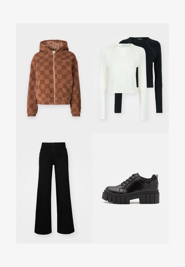 Brun rutigt kordflorstyg zip-up jacka med huva, elastiska ärmslut och framfickor.; Två långärmade toppar, en i vitt och en i svart. Båda har rundad halsringning och dekorativa dragkedjor vid axlarna. Slät tyg.; Svarta vida byxor i denim, med en strukturerad midja, bältesöglor och framfickor. Slät textur med en klassisk design.; Svarta läderplattformsskor med en kraftig blockklack, rund tå och traditionell snörningsdesign. Har en slät textur och minimal detaljering.