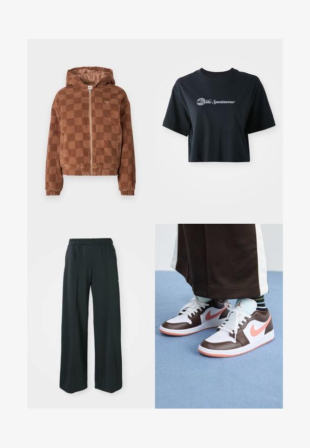 Brown checkered corduroy zip-up jacket with hood, elastic cuffs, and front pockets.; Cropped black cotton t-shirt with short sleeves, featuring white text "Vice Sportswear" and a circular graphic on the front.; Black, wide-leg athletic pants with an elastic waistband. Made from smooth, stretchy fabric, featuring subtle front seams and no pockets.; White and brown Nike Air Jordan sneakers with pink accents, featuring a low-top design, white laces, and a textured rubber sole.