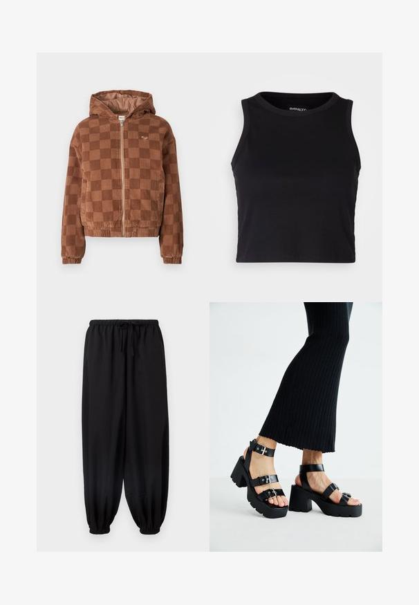 Pruun ruuduline kootud kangast tõmblukuga jakk kapuutsi, elastsete mansettide ja ees olevate taskutega.; Mustard ribaga lõhikuga crop top, millel on ümar kaelus ja ilma varrukateta disain. Valmistatud pehmest ja venivast kangast, millel on puhtad äärised.; Mustad, vabalt istuvad püksid elastse vöökohaga ja paelaga. Kitsenevad sääred pahkluude juures. Pehme kangas ja sile tekstuur.; Mustad platvormsandlid paksude, hammastega talladega ja mitme rihmaga, millel on metallist pandlad ja sile nahkjas tekstuur.