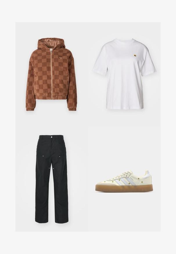 Barna kockás kordbársony zipzáras dzseki kapucnival, rugalmas mandzsettákkal és elülső zsebekkel.; Fehér pamut póló laza szabással, rövid ujjakkal és egy kis hímzett logóval a bal mellrészén.; Fekete nadrág, egyenes lábbal, textúrált anyagból készült. Dekoratív ezüst hardware-rel és egyedi varrási részletekkel rendelkezik.; Krém színű sneakerek világoskék csíkokkal, gumi talpúak, és díszítő sárga virágmotívumokkal a felső anyagon. Lekerekített orrformával.