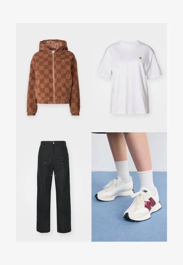Brown checkered corduroy zip-up jacket with hood, elastic cuffs, and front pockets.; White cotton t-shirt with a relaxed fit, short sleeves, and a small embroidered logo on the left chest area.; Black trousers with a straight-leg design, made of a textured fabric. Features decorative silver hardware and unique seam detailing.; Pair of white sneakers with maroon accents, textured panels, flat black outsole, and light laces, worn with white ankle socks.