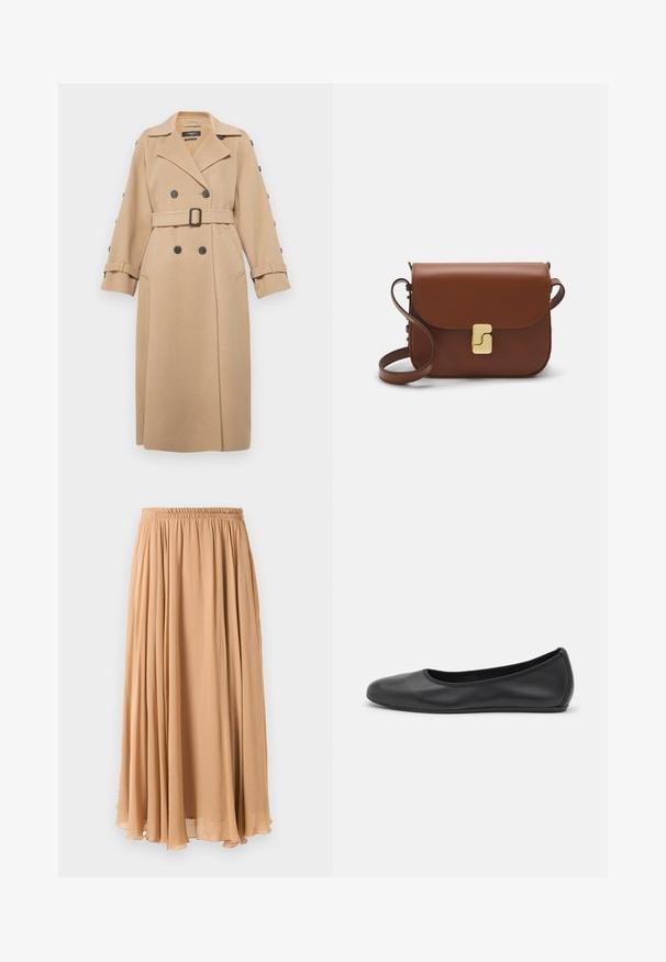 Weekend Max Mara NATALE - Classic coat - beige; Light beige cropped sweater with a zippered mock neck, featuring a textured pattern and ribbed cuffs and hem. Combines knit and woven materials.; Maxi skirt in light beige, made of flowy fabric. Features a gathered elastic waistband and soft pleats for movement.; Black leather ballet flat with a rounded toe, smooth texture, minimal stitching detail, and a flexible sole design.; Brown leather handbag with a flap closure, gold-tone hardware, a shoulder strap, and a smooth texture. Compact rectangular shape.