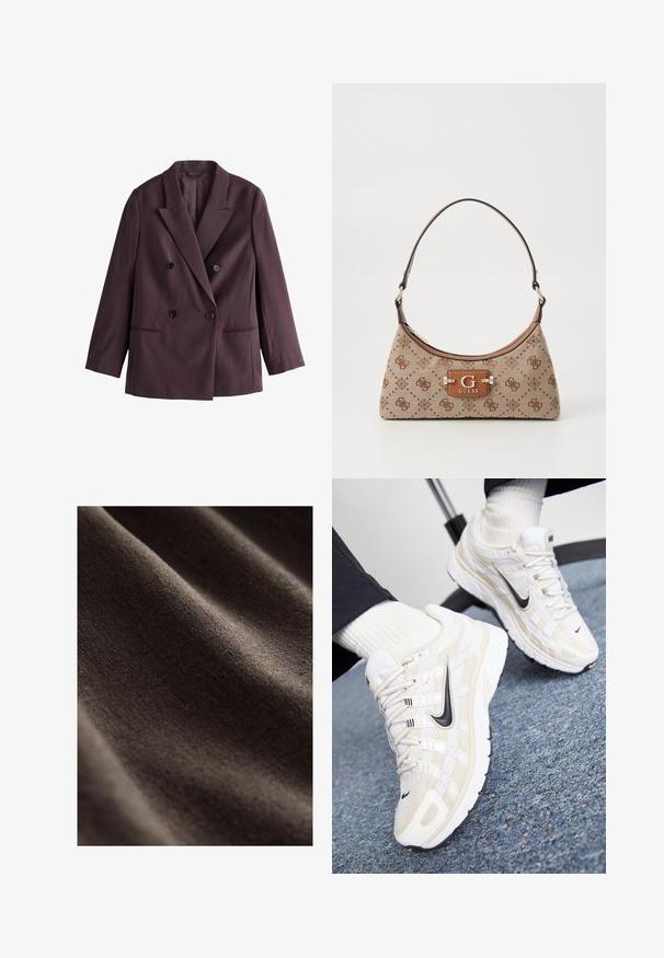 Dobbeltbrystet blazer i mørk plommefarvet stof. Har spidse revers, to sorte knapper og sidelommer med en struktureret silhuet.; Hvid kortærmet t-shirt med rund halsudskæring, fremstillet af bomuldsstof, med en tætsiddende silhuet og et sort mærke indeni kraven.; Mørkebrun stof med en glat, struktureret overflade, der har subtile rynker og et blødt, mat udseende. Ideel til forskellige tekstilapplikationer.; Hvide og beige Nike sneakers med en mesh-overdel, tekstureret overflade, sort swoosh og en polstret sål med en skridsikker ydersål.; Tote bag i beige stof med brune mønstrede detaljer. Har en buet form, enkelt strop og et logo-plakette foran med sølvhardware.