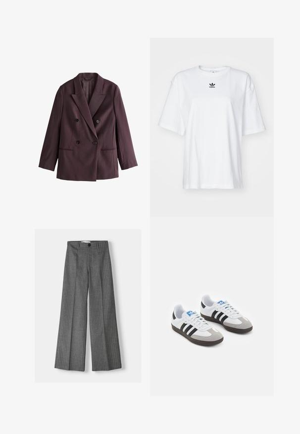Dubbelgeknoopte blazer van donker pruim stof. Bevat gelapte revers, twee zwarte knopen en zijzakken met een gestructureerd silhouet.; Witte korte mouwen t-shirt van katoen. Voorzien van een ronde hals en een klein zwart Adidas-logo op de borst. Rechthoekige zoom.; Grijze wijde broek met een streepjespatroon, voorzien van een knoopsluiting en twee voorkleppen. Gemaakt van gestructureerde stof.; Sportschoenen met een witte leren bovenkant, grijze suède neus en drie zwarte strepen. Bevat een blauw logo op de tong en een gestructureerde rubberen zool.