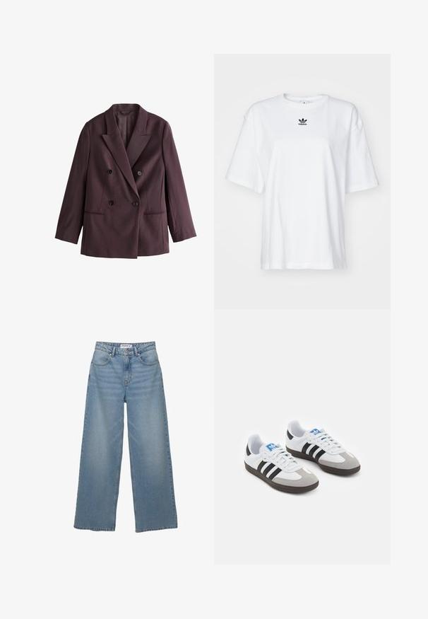Dvojradový blejzer z tmavo purpurového materiálu. Obsahuje klopy s východmi, dva čierne gombíky a bočné vrecká so štruktúrovaným siluetom.; Biele tričko s krátkym rukávom vyrobené z bavlny. Má okrúhly výstrih a malé čierne logo Adidas na hrudi. Priamy strih spodného lemu.; Svetlo modré široké džínsy vyrobené z denimu. Majú vysoký pás, päť vreciek a rovný strih s minimálnym vyblednutím.; Športové topánky s bielym koženým zvrškom, šedou semišovou špičkou a tromi čiernymi pruhmi. Obsahujú modré logo na jazyku a štruktúrovanú gumovú podrážku.
