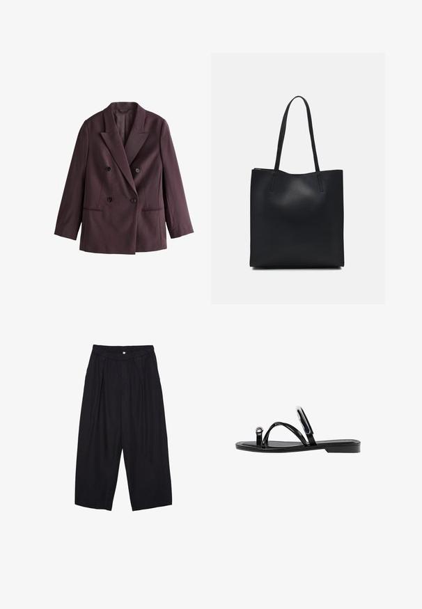 Dvojno zapnjen blazer v temno vijolični tkanini. Ima poudarjene reverje, dve črni gumbi in stranske žepe z strukturirano silhueto.; Bela bombažna majica s krožnim izrezom, kratkimi rokavi in prilegajočim se dizajnom. Gladka tekstura brez vzorcev ali okraskov.; Črne poliesterske culotte hlače z elastičnim pasom, dvema sprednjima nabiranjema in ohlapnim krojem. Brez vidnih vzorcev ali kovinskih detajlov.; Črne ravne sandale s sijajno končno obdelavo, tremi tankimi trakovi in okroglo kovinsko podrobnostjo na prstih. Elegantna zasnova z minimalnim peto.; Črna usnjena torba s svilnato teksturo, pravokotne oblike in dvema dolgima ročajema. Brez vidnih metalnih delov ali okrasnih elementov.