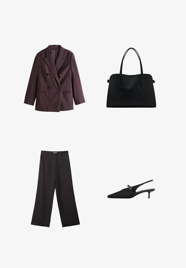 Tuuhkaviimeinen bleiseri tumman luumun värisestä kankaasta. Varustettu lovilla varustetulla kauluksella, kahdella mustalla napilla ja sivutaskuilla, joissa on jämäkkä siluetti.; Valkoinen lyhythihainen T-paita, joka on tehty puuvillasta. Siinä on pyöreä kaula-aukko ja rento malli. Silkkinen pinta ilman näkyviä kuvioita tai koristeita.; Mustat leveälahkeiset housut, jotka on valmistettu sileästä kankaasta. Niissä on edessä vetoketju ja kaksi sivutaskua, ja niiden muotoilu on räätälöity ja minimalistinen.; Musta slingback-kengät, joissa on kärjet terävät, tekstuurinen verkko-osa, kapea säädettävä remmi hopeisella soljella ja 5 cm:n stiletto-korko.; Mustavihreä nahkalaukku, jossa on kaksinkertaiset olkahihnat, suorakaiteen muotoinen ja minimalistinen muotoilu valkoisella taustalla.