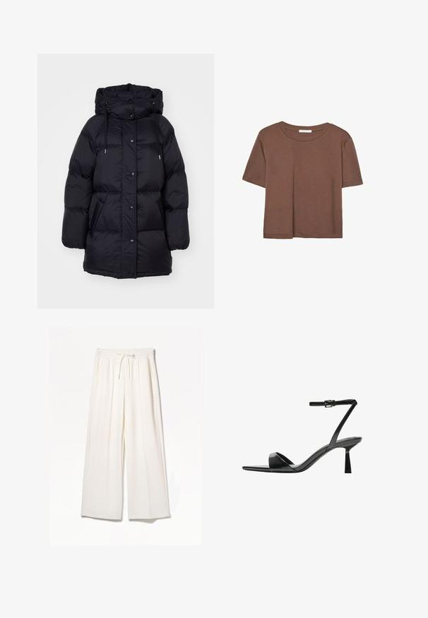 GANT MID LENGTH JACKET - Kaput ispunjen paperjem - black; Smeđi kratki rukav majica od mekog materijala, s okruglim izrezom i opuštenim krojem. Nema vidljivih uzoraka ili naglasaka.; Bijele široke hlače napravljene od laganog materijala, s elastičnim pojasom, vezicom i bočnim džepovima bez vidljivih uzoraka.; Bershka Sandale s visokom petom - black