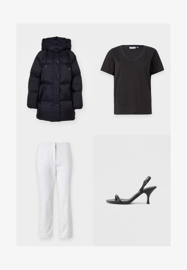 GANT MID LENGTH JACKET - Manteau en duvet - black; T-shirt en coton noir avec un col en V et des manches courtes. Design simple avec une coupe régulière et sans motifs ni accents.; Pantalons en coton blancs avec une coupe droite, dotés d'une taille mi-haute et sans matériel ou motifs visibles. Texture lisse sur l'ensemble.; Sandales à talons hauts en cuir noir avec un talon fin et courbé et un design de brides croisées. Bride de cheville réglable. Texture lisse.