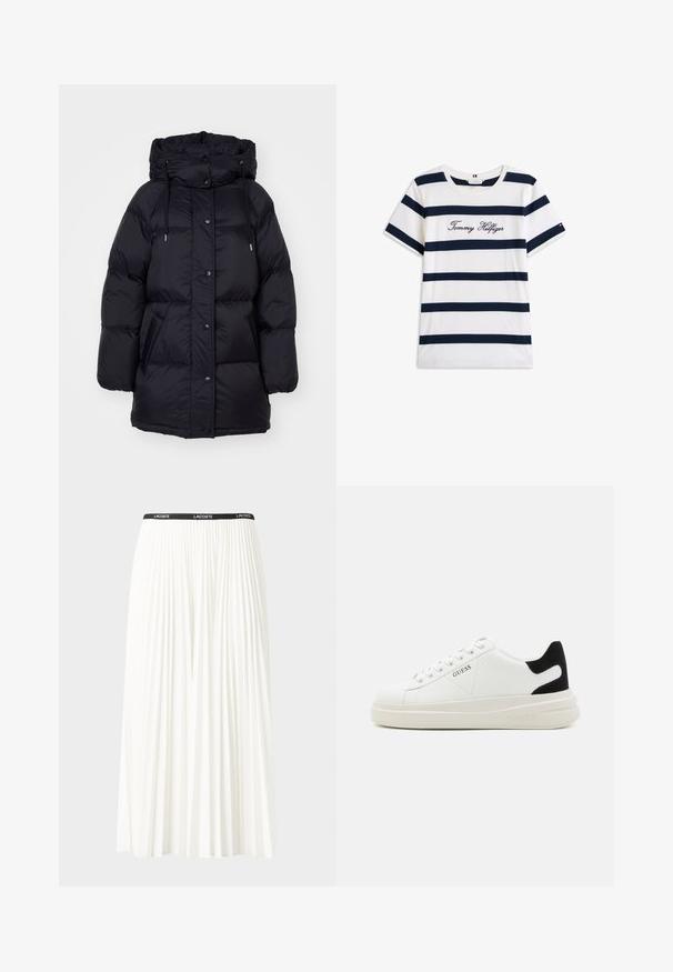 GANT MID LENGTH JACKET - Dunfrakker - black; T-shirt i bomuld med vandrette marineblå striber på en hvid baggrund. "Tommy Hilfiger" broderet i kursiv på brystet. Rund hals.; Plisseret hvid nederdel med en sort elastisk talje, der har "LACOSTE"-logoet. Mellemlang design med blød tekstur.; Hvide lædersneakers med en tyk hvid sål, sort ruskindhælvægt og prægede logoer på siden. Snørebåndsdesign med seks øjer.