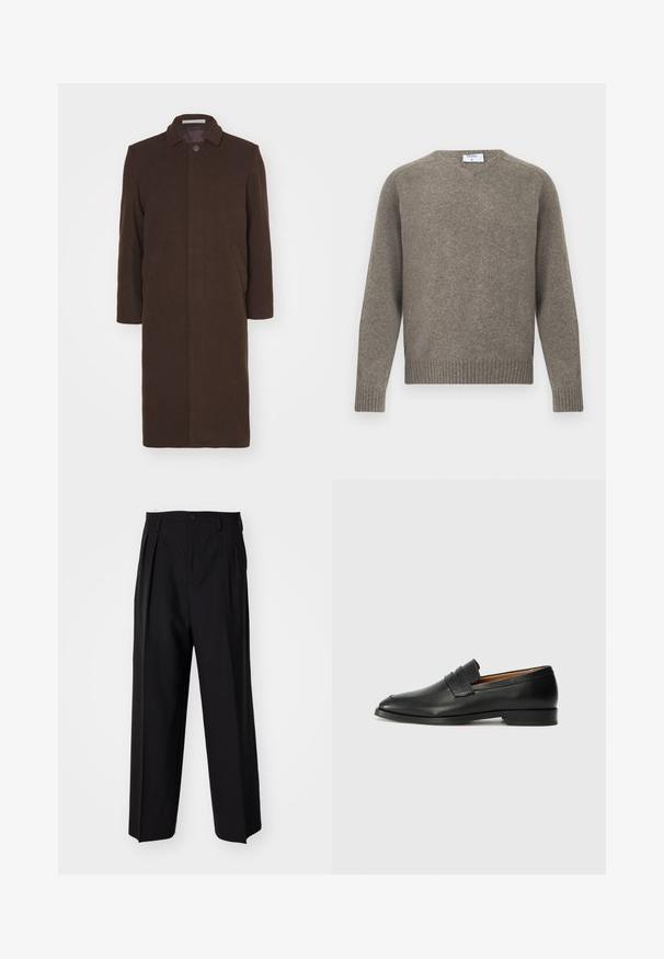 Essential Collective COAT - Classic coat - fuzzy brown; Gray knitted sweater, round neck, ribbed cuffs and hem, soft texture, made from wool blend, minimalistic design with label visible at neckline.; Black pleated trousers with a straight, wide-leg design. Made from smooth fabric, featuring a button closure and belt loops.; Black leather loafer with a rounded toe, subtle stitched detailing, and a low heel, featuring a smooth texture and minimalist design.