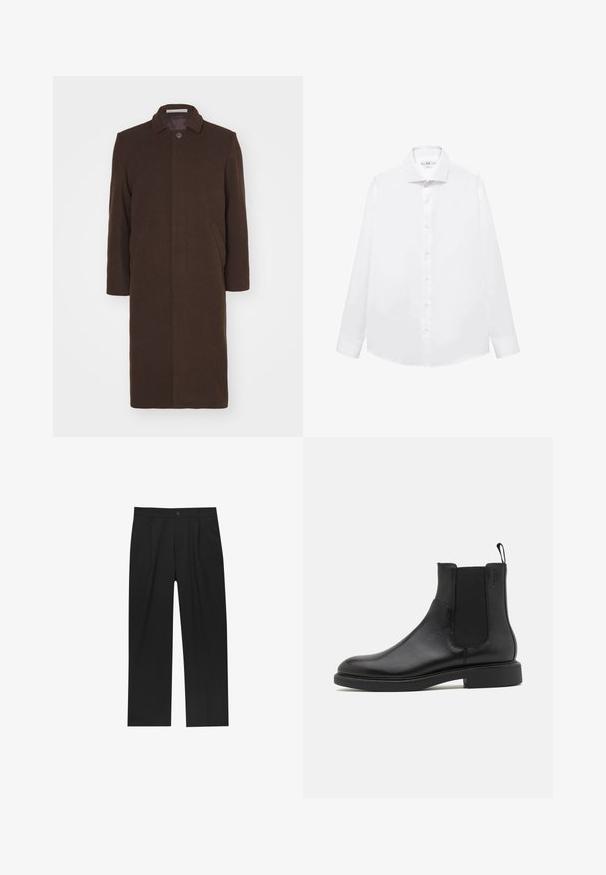 Essential Collective COAT - Klasický kabát - fuzzy brown; Biela košeľová blúzka s dlhým rukávom vyrobená z hladkej bavlny, s prípadným golierom, predným zapínaním na gombíky a rovnými okrajmi.; Čierne nohavice s rovnými nohavicami, vyrobené z hladkej tkaniny. Majú predné puky a jediné gombíkové zapínanie v páse.; Čierne kožené členkové topánky s hladkým povrchom, elastickými bočnými panelmi a pútkom. Okrúhla špička a plochá gumová podrážka s minimálnym dezénom.