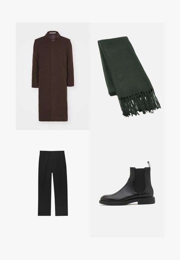 Essential Collective COAT - Klassisk frakke - fuzzy brown; Hvid bomulds t-shirt med korte ærmer, rund halsudskæring og lige pasform. Glat tekstur uden synlige mønstre eller detaljer.; Sorte bukser med lige ben, lavet af et glat stof. Har frontfolder og en enkelt knaplukning i taljen.; Sort læder ankelstøvle med glat overflade, elastiske sidepaneler og en trækstrop. Rund tå og flad gummisål med minimal mønster.; Mørkegrøn tørklæde lavet af blødt stof, med et enkelt design og frynsede kanter for ekstra tekstur.