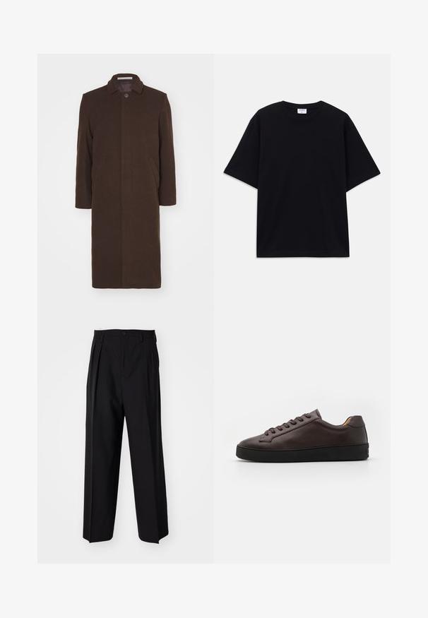 Essential Collective COAT - Klasszikus kabát - fuzzy brown; Fekete, rövid ujjú, oversize póló kerek nyakkivágással és látható Filippa K márkacédulával a gallér belső részén.; Fekete, pliszírozott nadrág, egyenes, széles lábakkal. Sima anyagból készült, gombos záródással és övhurkokkal rendelkezik.; Barna bőr sportcipő, sima textúrával, kerek orral és fekete gumi talppal. Tonális fűzőkkel és minimalista dizájnelemekkel rendelkezik.