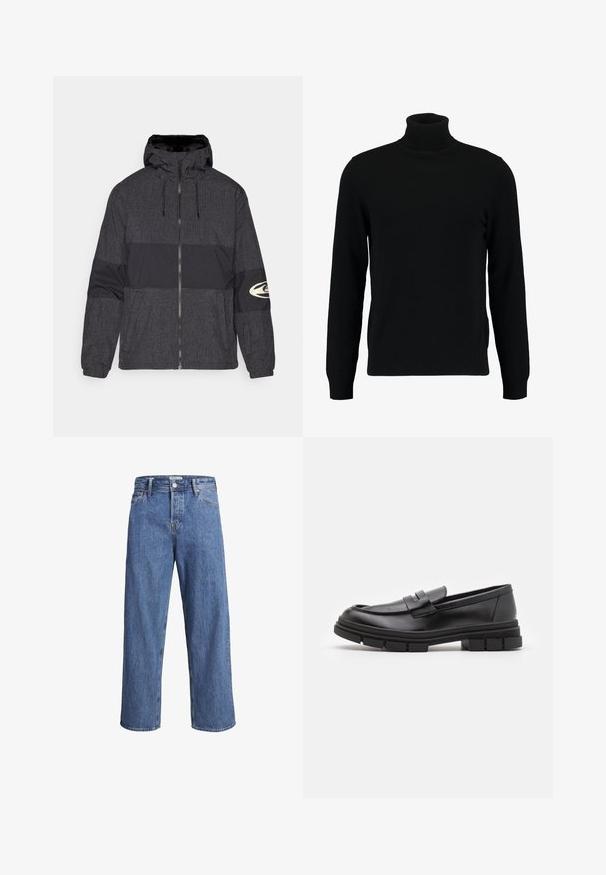 Zipová bunda s kapucí, vyrobena z černé látky s mřížkovaným vzorem a pevným černým panelem. Obsahuje logo na pravém rukávu.; Černý rolák vyrobený z měkkého pleteného materiálu. Má dlouhé rukávy, žebrovaný límec a lem. Jednoduchý, elegantní design bez vzorů.; Černá košile na knoflíky z hladkého materiálu, se dvěma náprsními kapsami, límcem s špičkami a manžetami na knoflíky. Jednoduchý design s minimálními detaily.; Světle modré džíny z denimu s rovnými nohavicemi, vysokým pasem a minimem švů. Látka má jemnou, lehce vybledlou strukturu.; Černé kožené mokasíny s hladkým povrchem, se zapínáním vpředu a masivní gumovou podrážkou se vroubkovanými detaily.