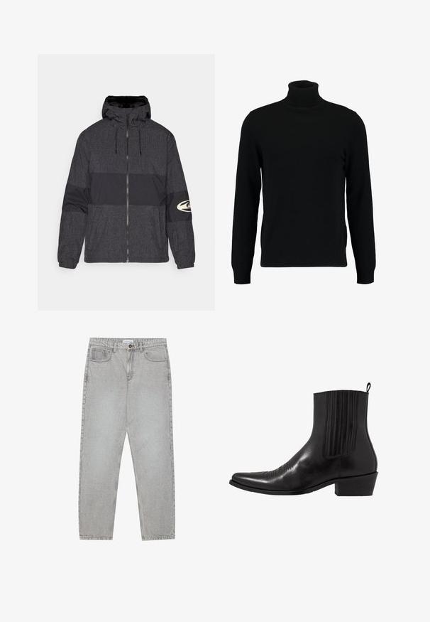 Giacca con zip e cappuccio, realizzata in tessuto nero con motivo a griglia e pannello nero uniforme. Include il logo sulla manica destra.; Maglione a collo alto nero realizzato in morbido materiale knit. Presenta maniche lunghe, colletto e orlo a costine. Design semplice e lineare senza motivi.; Pantaloni in denim grigio chiaro con design a gamba dritta, stile a cinque tasche e chiusura con bottone. Cuciture visibili lungo le cuciture.; Stivale alla caviglia in pelle nera con punta affusolata, pannelli laterali elasticizzati, accenti di cuciture verticali e tacco a blocco basso.