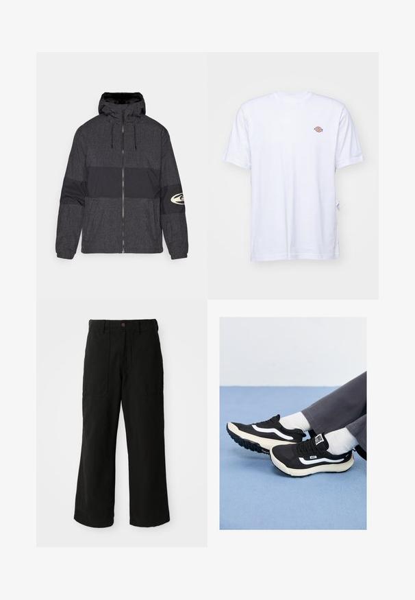 Kurtka z zamkiem błyskawicznym z kapturem, wykonana z czarnego materiału w kratę z jednolitą czarną wstawką. Zawiera logo na prawej rękawie.; Biała bawełniana koszulka z dekoltem w serek i krótkimi rękawami. Posiada małe kolorowe haftowane logo na lewej piersi. Miękka tekstura.; Czarne spodnie o szerokich nogawkach, wykonane z miękkiego materiału, z przednimi kieszeniami i zapięciem na guzik w talii. Minimalistyczny design bez widocznych wzorów.; Czarne sneakersy z białymi akcentami, z siateczki i gumowych materiałów, z teksturowaną podeszwą i uchwytem na pięcie. Noszone z białymi skarpetami i szarymi spodniami.