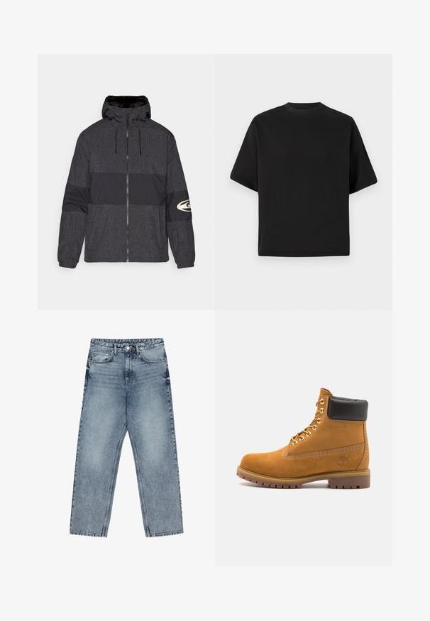 Reißverschlussjacke mit Kapuze, aus schwarzem Stoff mit Karomuster und solider schwarzer Fläche. Mit Logo auf dem rechten Ärmel.; Schwarzes T-Shirt mit kurzen Ärmeln in lockerer Passform, aus glattem Baumwollmaterial, mit rundem Ausschnitt und minimalistischem Design.; Hellblaue Jeans aus Denim mit geradem Schnitt, sichtbaren Nähten, fünf Taschen-Design und einem Knopfverschluss an der Taille.; Beige Wildleder-Ankle-Boot mit schwarzem gepolstertem Kragen, goldenen Metallösen, weißen Nähdetalben und einer robusten Gummisohle mit ausgeprägtem Profil.