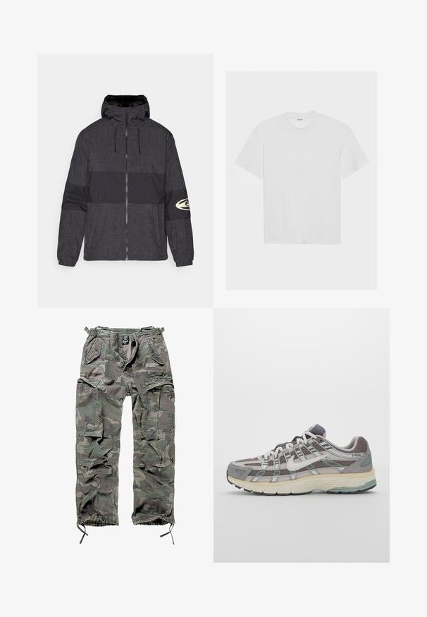 Cipzáras dzseki kapucnival, fekete szövetből, négyzethálós mintával és egyszínű fekete panellel. Jobb ujján logó található.; Fehér pamut póló rövid ujjakkal, kerek nyakkivágással és laza szabással. Simák a textúrája, és nincsenek látható minták vagy díszítések.; Zöld és szürke kamuflázs cargo nadrág, több zsebbel, rugalmas derékpánttal, állítható bokarészekkel és laza szabással.; Szürke sportcipő, hálós és velúr felsőrésszel, fehér részletekkel, párnázott talppal és jellegzetes dizájnnal, amely visszaverő elemeket tartalmaz.