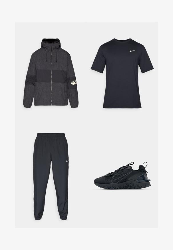 Reißverschlussjacke mit Kapuze, aus schwarzem Stoff mit Karomuster und solider schwarzer Fläche. Mit Logo auf dem rechten Ärmel.; Schwarzes, kurzärmliges Nike-T-Shirt aus glattem Material, mit einem weißen Swoosh-Logo auf der oberen linken Seite und Rundhalsausschnitt.; Schwarze Trainingshose aus einem leichten Stoff mit elastischem Bund, Knöchelabschlüssen und einem dezenten Nike-Logo auf der linken Seite.; Schwarzer Sportschuh mit atmungsaktivem Mesh-Obermaterial, strukturierten Akzenten und einer wellenförmigen Gummisohle. Verfügt über ein reflektierendes Logo und ein Schnürsystem.