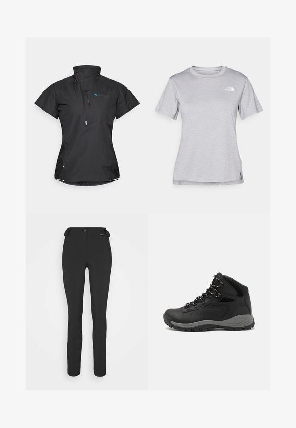 Juodas trumpų rankovių marškinėlis su aukšta apykakle, priekinėmis užtrauktuko kišenėmis ir tinklo detalėmis. Pagamintas iš lengvos, tekstūruotos medžiagos su subtiliais mėlynais akcentais.; Pilkas trumpomis rankovėmis marškinėliai, pagaminti iš minkštos, drėgmę sugeriančios medžiagos. Turi apvalią iškirptę ir mažą baltą logotipą viršutiniame kairiajame kampe.; Juodos, prigludusios kelnės, pagamintos iš lankstaus medžiagos. Ypatybės: šoninis kišenės užtrauktuku, suformuotos kelių sritys ir lygi tekstūra.; Juodas žygio botas su vidutinio aukščio dizainu, pasižymintis tekstūruota viršutine dalimi, pilkų akcentų ir patvaria guma padanga su sukibimo gumbais.