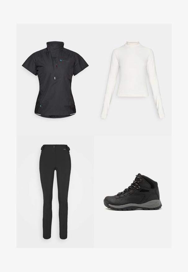 Juodas trumpų rankovių marškinėlis su aukšta apykakle, priekinėmis užtrauktuko kišenėmis ir tinklo detalėmis. Pagamintas iš lengvos, tekstūruotos medžiagos su subtiliais mėlynais akcentais.; Ilgų rankovių baltas sportinis marškinėlis su pusapykakle ir mažuoju centro logotipu ant krūtinės, pateiktas ant vientiso fono.; Juodos, prigludusios kelnės, pagamintos iš lankstaus medžiagos. Ypatybės: šoninis kišenės užtrauktuku, suformuotos kelių sritys ir lygi tekstūra.; Juodas žygio botas su vidutinio aukščio dizainu, pasižymintis tekstūruota viršutine dalimi, pilkų akcentų ir patvaria guma padanga su sukibimo gumbais.