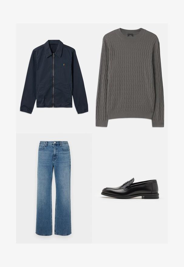 Tengerészkék zipzáras dzseki gallérral, oldalzsebekkel és elasztikus mandzsettákkal, a mellkasán egy kis, többszínű lólogóval.; Armani Exchange Pulóver - dark gull zig zag; Széles lábú, koptatott kék farmernadrág. Öt zsebből, elülső gombos záródásból és egyenes szabásból áll.; Fekete bőr loaferek sima textúrával, kerek orral és dekoratív pánttal a vampnál. Alacsony, rétegelt sarkú, minimalista dizájn.