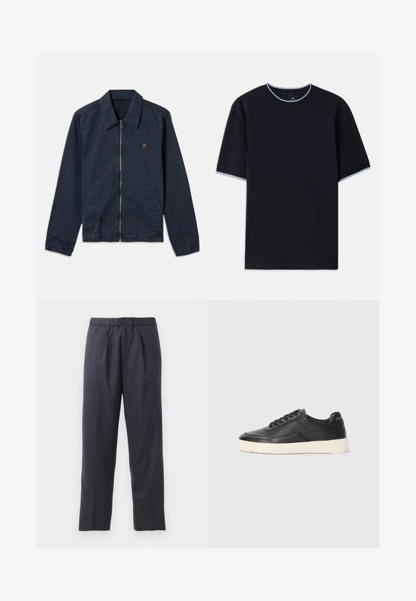 Granatowa kurtka z zamkiem błyskawicznym, z kołnierzem, bocznymi kieszeniami i elastycznymi mankietami, z małym, wielokolorowym logo konia na piersi.; Ciemnoniebieska koszulka z krótkim rękawem i okrągłym dekoltem, z jasnoniebieskim akcentem na kołnierzu i rękawach. Wykonana z miękkiej bawełnianej tkaniny.; Ciemnoniebieskie spodnie z miękkiego materiału z plisowanym przodem i elastyczną talią. Posiadają zapięcie na guzik i prostą nogawkę.; Czarne skórzane sneakersy o teksturowanym wykończeniu, okrągłym nosku i płaskiej białej gumowej podeszwie. Zawierają czarne sznurówki oraz znak firmowy na pięcie.