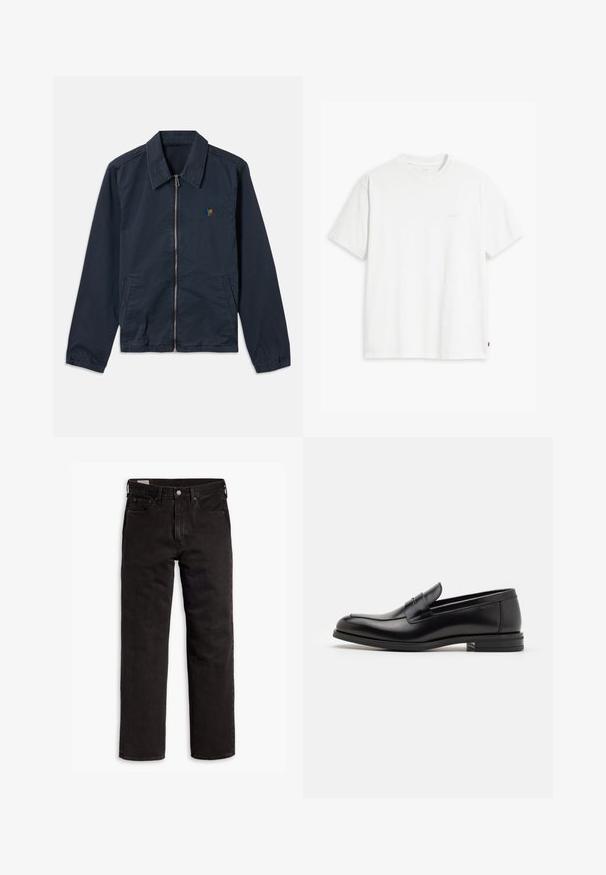 Mornarska zip-up jakna s ovratnikom, bočnim džepovima i elastičnim rukavima, s malim dugmadom u više boja u obliku konja na prsima.; Bijela pamučna majica kratkih rukava, s okruglim izrezom i suptilno otisnutim Levi's logotipom u sredini. Mekana tekstura i standardni kroj.; Crne traperice ravnog kroja s pet džepova, kopčom na dugme i petljama za pojas, položene ravno na bijeloj pozadini.; Crni kožni mokasini s glatkom teksturom, zaobljenim prstima i ukrasnom trakom preko prednjeg dijela. Niski slojeviti potplat, minimalistički dizajn.