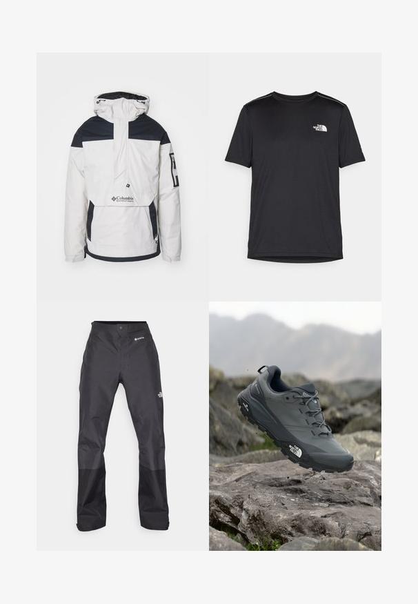 Bela in mornarsko modra anorak jakna z polovičnim zadrgo, elastičnimi manšetami, kapuco z nastavljivimi vrvicami in sprednjim žepom s Columbia logotipom.; Črna kratkosleevena majica iz lahkotnega materiala. Ima majhen bel logo na levem prsnem delu in diskretne poudarke na ramenskem predelu.; Črne vodoodporne hlače z gladko teksturo, z logotipom GORE-TEX spredaj in okrepjenimi spodnjimi nogami za povečano vzdržljivost.; Sive teka za trail tek, z teksturirano zgornjimi deli, trpežnim gumijastim podplatom in ojačanim kapico za prste. Ima vezi in logotip blagovne znamke na strani.