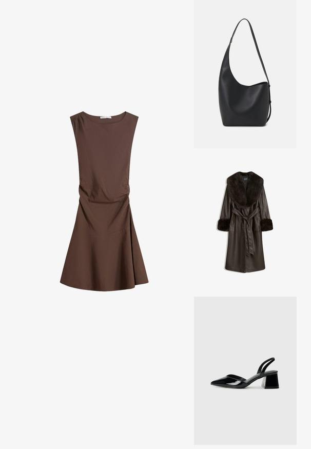 Palton din piele maro cu un guler și manșete mari din blană sintetică, având o talie cu cordon și buzunare laterale. Textură netedă și design până la genunchi.; Rochie maro fără mâneci, cu lungimea până la genunchi, decolteu rotund și ușoară fronuire laterală, cu fustă evazată pe fundal alb simplu.; Pantofi cu toc slingback din piele lacuită neagră, cu vârf ascuțit și toc geometric. Prezintă un design elegant, minimalist și o textură netedă.; Geantă hobo din piele neagră, cu o textură netedă, formă curbată și un singur bretele ajustabil; are o deschidere largă în partea de sus.